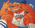  anthro armpit_hair baseball_cap blue_eyes blue_nipples blue_nose body_hair bottomwear bulge canid canine canis clothing domestic_dog eyebrows footwear fuzzy hat headgear headwear hi_res large_teeth long_ears male mammal mascot nipples pubes raised_hands ravuer shirt shorts simple_background sitting slush_puppie smile socks solo tank_top tenga topwear unibrow 