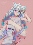  1girl @_@ absurdres ahoge animal_ears ass bell blame_4407 blue_eyes bow braid breasts camisole cat_ears cat_girl collar commentary densetsu.exe frilled_camisole frilled_thigh_strap frills gradient_hair green_hair hair_bow hair_ornament highres leg_warmers long_hair mint_fantome mint_fantome_(otaku) multicolored_hair neck_bell pink_bow pink_collar small_breasts solo thigh_strap thighs twin_braids untranslatable_commentary virtual_youtuber white_hair white_leg_warmers x_hair_ornament 