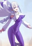 1girl :d animal_ear_hood bodysuit boots braid braided_ponytail breasts cloak clothing_cutout commentary_request covered_navel crown_braid elf emilia_(re:zero) flower grey_hair hair_flower hair_ornament hair_ribbon heart highres holding holding_phone hood hood_down hooded_cloak kobasuke1978 long_hair long_sleeves looking_at_viewer medium_breasts official_alternate_costume open_mouth phone pointy_ears purple_bodysuit purple_eyes purple_ribbon re:zero_kara_hajimeru_isekai_seikatsu ribbon shoulder_cutout smile solo standing standing_on_one_leg very_long_hair white_boots white_cloak 