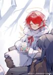  2girls angel_wings animal_ears arknights black_hair black_pantyhose chinese_commentary closed_eyes commentary_request cup disposable_coffee_cup disposable_cup exusiai_(arknights) hair_between_eyes halo highres holding holding_cup medium_hair multiple_girls open_mouth pantyhose red_hair smile tency_(1733djy) texas_(arknights) thighs wings wolf_ears wolf_girl yuri 