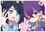  2girls :d absurdres black_hair black_shirt blue_eyes blue_vest border bright_pupils closed_mouth commentary_request crossed_bangs dot_(pokemon) eyelashes hair_ornament hairclip hand_up headphones heart highres jacket light_blush liko_(pokemon) long_sleeves multiple_girls open_mouth pink_background pokemon pokemon_(anime) pokemon_horizons purple_eyes purple_hair purple_jacket shirt smile toumei_4869 vest white_border white_pupils 