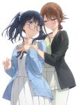  2girls black-framed_eyewear black_hair blue_cardigan blue_eyes blunt_bangs brown_eyes brown_hair cardigan collarbone commentary_request fingernails glasses half-closed_eyes height_difference highres jacket multiple_girls original raised_eyebrows scrunchie side_ponytail simple_background skirt smile teacher tsuke_(maholabo) white_background white_scrunchie yuri 