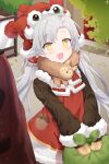  1girl alternate_costume aug_para blush commander_(girls_frontline) commentary girls_frontline grey_hair hair_ornament hat highres jin2 looking_at_viewer low_twintails mittens open_mouth plant scarf solo_focus twintails winter_clothes yellow_eyes 