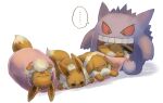  ... :3 brown_eyes closed_eyes gengar happy lying momomo12 no_humans on_back on_stomach open_mouth pokemon pokemon_(creature) pokemon_focus red_eyes simple_background sleeping speech_bubble spoken_ellipsis standing teeth tongue tongue_out twitter_username upper_teeth_only white_background 