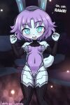  2026 2:3 anthro biped black_clothing black_legwear black_sleeves black_stockings blue_clothing blue_hair blue_leotard blush breasts clothed clothing dialogue english_text eyebrows female front_view grey_eyes hair lagomorph legwear leotard leporid lumineko mammal navel_outline open_mouth rabbit short_hair sleeves small_breasts solo standing stockings teeth text thigh_highs tongue white_body 
