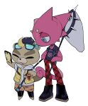  2boys animal_crossing animal_crossing:_new_horizons beaver_boy black_boots black_choker black_jacket blue_eyes boots butterfly_net c.j._(animal_crossing) chameleon_boy choker closed_eyes colored_skin drawstring eyewear_on_head fishing_rod flick_(animal_crossing) freckles full_body furry furry_male hand_net hands_on_own_hips higa423 highres holding holding_butterfly_net holding_fishing_rod holding_phone jacket male_focus multiple_boys pants phone plaid_clothes plaid_pants red_pants red_skin reptile_boy simple_background sleeveless sleeveless_jacket standing white_background yellow_jacket 