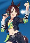  1girl absurdres animal_ears belt black_jacket black_shorts brown_belt brown_hair commentary_request cowboy_shot crop_top fujiya_ponisuke highres holding holding_microphone horse_ears horse_girl jacket long_hair looking_at_viewer low_ponytail microphone midriff navel open_clothes open_jacket ponytail shirt short_shorts shorts solo standing stomach umamusume vodka_(umamusume) vodka_(wild_top_gear)_(umamusume) yellow_eyes yellow_shirt 