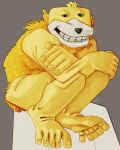  4:5 absurd_res anthro black_eyes black_nose facial_markings feet flat_eric foot_focus fur furry_body head_markings hi_res levi's male markings mascot muzzle_(marking) plushie puppet ravuer simple_background sitting smile solo yellow_body yellow_fur yellow_skin 