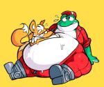  2017 amphibian anthro belly big_belly bodily_fluids boot_(artist) boots canid canine clothing duo footwear fox fox_mccloud frog fur furry_tail green_body green_skin hat headgear headwear huge_belly male male/male mammal nintendo obese obese_anthro obese_male overweight overweight_anthro overweight_male red_clothing resting_on_belly shoes simple_background slim slim_anthro slim_male slippy_toad star_fox sweat sweatdrop tail tired toad_(frog) white_body white_fur white_skin yellow_background yellow_body yellow_fur 