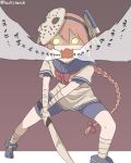  1girl bandaged_arm bandages braid commentary_request dress full_body glowing glowing_eyes hachi_(hachi_hatch) hair_ornament halloween_costume hockey_mask holding holding_machete kantai_collection long_hair machete mask nenohi_(kancolle) open_mouth pink_hair ribbon sailor_collar shorts shouting signature white_dress 