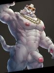  1boy abs absurdres animal_ears armpits artist_name ass bara biceps claws clenched_teeth dated dislyte english_commentary erection eyewear_on_head fangs foreskin furry furry_male highres jewelry jin_qiu_(ru_shou)_(dislyte) jin_qiu_(ru_shou)_(wild_python)_(dislyte) looking_at_viewer male_focus muscular muscular_male navel necklace newton_2305 nipples no_pants nude pawpads pectorals penis scar scar_across_eye scar_on_face sunglasses tail teeth testicles tiger_boy tiger_ears tiger_stripes tiger_tail white_fur white_hair 