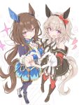  2girls :d admire_vega_(starry_nocturne)_(umamusume) admire_vega_(umamusume) akure1129 animal_ears asymmetrical_footwear bare_shoulders black_hairband blue_dress blush boots bow breasts brown_boots brown_hair commentary_request curren_chan_(fille_eclair)_(umamusume) curren_chan_(umamusume) dress ear_bow ear_covers ear_ornament four-finger_heart_hands gloves grey_hair hair_between_eyes hairband heart heart_hands heart_hands_duo highres horse_ears horse_girl horse_tail long_hair looking_at_viewer low_ponytail mismatched_footwear multiple_girls necktie off-shoulder_dress off_shoulder open_mouth ponytail purple_eyes red_bow single_ear_cover smile sparkle striped_clothes striped_dress tail umamusume v vertical-striped_clothes vertical-striped_dress white_background white_gloves white_necktie 