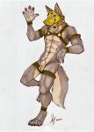  2020 abs animal_genitalia animal_mask anthro balls blue_eyes canid canine collar dated fangs fingerpads fully_sheathed fur genitals gesture glistening glistening_eyes green_harness grey_body grey_fur harness hi_res hufnaar looking_at_viewer male male_anthro mammal mask muscular muscular_anthro muscular_male open_mouth pawpads pecs pup_mask red_pawpads sheath simple_background solo standing tan_balls tan_body tan_fur tan_sheath teeth waving waving_at_viewer white_background yellow_collar yellow_pup_mask 