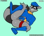  absurd_res anthro anus balls canid canine clothed clothing digital_media_(artwork) erection genitals hi_res legwear looking_at_viewer male mammal penis procyonid raccoon rubber simple_background sly_cooper sly_cooper_(series) smiling_at_viewer solo sony_corporation sony_interactive_entertainment spaca sucker_punch_productions text video_games 