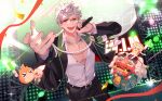  1boy :d absurdres alternate_costume arurandeisu beckoning belt black_belt black_jacket black_pants character_doll collared_shirt commentary_request cowboy_shot doll food glasses glowstick green_eyes grey_hair highres holding holding_glowstick holding_microphone holostars idol jacket lion_dance long_sleeves male_focus microphone nappon_(osakana_fanart) open_mouth pants partially_unbuttoned pectoral_cleavage pectorals penlight_(glowstick) pizza pizza-kun_(arurandeisu) red-framed_eyewear shirt shishimai short_hair smile stage stage_lights sunglasses sweat teeth upper_teeth_only virtual_youtuber white_shirt 
