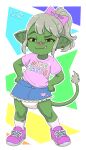  4:7 bottomwear clothed clothing denim denim_bottomwear denim_clothing denim_skirt diaper ear_piercing ear_ring female goblin hands_on_hips hi_res humanoid kidcore looking_at_viewer novelty_clothing piercing ring_piercing skirt smug solo standing stargal_galexi teeth wearing_diaper 