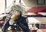  1boy ahoge android armor blue_eyes burger commentary_request cup danganronpa_(series) danganronpa_v3:_killing_harmony disposable_cup eating food french_fries grey_hair hair_between_eyes highres holding holding_burger holding_food indoors k1-b0 looking_at_viewer male_focus power_armor restaurant solo spiked_hair stool table yuin_sb 