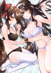  2girls armpits bare_arms bare_shoulders black_bra black_hair black_panties bow bra breasts brown_eyes brown_hair girls_frontline groin hair_bow hairband hand_up lace-trimmed_panties lace_trim large_breasts long_hair looking_at_viewer lying manya_drhr medium_breasts multiple_girls navel no_shoes on_back open_mouth panties parted_lips qbz-95_(girls_frontline) qbz-97_(girls_frontline) stomach string_bra thighhighs thighs twintails underwear underwear_only very_long_hair white_bra white_legwear 