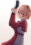  1girl absurdres backlighting belt blonde_hair blue_ribbon bright_pupils collared_shirt commentary cowboy_shot dress fighting_stance grey_dress gun hair_between_eyes handgun hands_up highres holding holding_gun holding_weapon hyoe_(hachiechi) inoue_takina long_sleeves looking_at_viewer lycoris_recoil lycoris_uniform m1911 neck_ribbon nishikigi_chisato one_side_up open_mouth pleated_dress red_belt red_dress red_eyes red_ribbon ribbon shirt short_hair sidelocks simple_background solo two-tone_dress v-shaped_eyebrows weapon white_background white_pupils white_shirt 