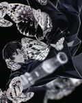  1boy beondegi0229 black_background black_eyes black_hair black_jacket black_pants blurry blurry_foreground bug butterfly chromatic_aberration commentary e.g.o_(project_moon) floating glint gun hair_between_eyes handgun highres holding holding_gun holding_weapon jacket limbus_company lobotomy_corporation_(identity)_(project_moon) long_sleeves looking_at_viewer male_focus monochrome pants parted_lips project_moon shirt short_hair simple_background solemn_lament_(e.g.o) solo upside-down weapon yi_sang_(project_moon) 