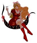  1girl blonde_hair boots commentary corset dress elbow_gloves full_body gap_(touhou) gloves hat high_heel_boots high_heels highres knee_boots long_hair mob_cap open_mouth red_boots red_corset red_dress simple_background solo touhou white_background white_gloves white_hat yakumo_yukari zeri_qa101 