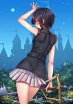  1girl adsouto arm_up black_hair blue_eyes blue_sky castle frilled_sleeves frills from_behind highres holding holding_weapon keyblade kingdom_hearts kingdom_key looking_at_viewer looking_back pleated_skirt short_hair skirt sky sleeveless solo weapon white_skirt xion_(kingdom_hearts) 