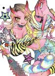  1girl animal_print blonde_hair breasts club_(weapon) collar colored_skin commentary_request cowboy_shot crop_top fur_jacket gyaru gyaru_v hair_behind_ear highres jacket karin_(salmonosushi) midriff oni original red_skin ribbon shorts solo spiked_collar spikes sticker tiger_print v wavy_hair weapon yellow_eyes 