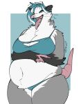  2026 american_opossum anthro arm_tuft belly belly_tuft big_belly big_breasts breast_squish breasts cheek_tuft cleavage_cutout clothing countershading crossed_arms cutout deep_navel eyeshadow facial_tuft fangs female geometric_background grey_body grey_eyes hair hi_res hip_squish hip_tuft long_nails love_handles makeup mammal marsupial mochimochiland narrowed_eyes navel neck_tuft open_mouth overweight overweight_anthro overweight_female panties shoulder_tuft simple_background solo squish tail teal_clothing teal_hair teal_panties teal_underwear teeth thick_thighs tongue tongue_out tuft underwear whiskers white_body white_countershading wide_hips 