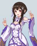  1girl :d breasts brown_hair clothing_cutout cosplay emilia_(re:zero) emilia_(re:zero)_(cosplay) flower grey_background hair_flower hair_ornament hair_ribbon highres kiona_(giraffe_kiona) kono_subarashii_sekai_ni_shukufuku_wo! layered_skirt long_sleeves megumin open_mouth purple_ribbon re:zero_kara_hajimeru_isekai_seikatsu ribbon shiny shiny_hair short_hair_with_long_locks shoulder_cutout sidelocks simple_background skirt small_breasts smile solo standing white_flower white_skirt wide_sleeves 