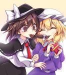  2girls :d @_@ arms_up black_capelet black_headwear black_skirt blonde_hair breasts brown_eyes brown_hair candy capelet chocolate chocolate_heart closed_eyes cowboy_shot dress dress_shirt eyebrows_visible_through_hair food hair_between_eyes hair_in_mouth hat hat_ribbon heart highres juliet_sleeves keyaki_chimaki long_sleeves looking_at_another maribel_hearn medium_breasts mob_cap mouth_hold multiple_girls open_mouth puffy_sleeves purple_dress purple_eyes red_neckwear ribbon shirt short_hair simple_background single_sidelock skirt smile standing star-shaped_box touhou usami_renko valentine white_headwear white_shirt yellow_background 