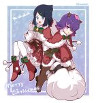  2girls absurdres black_hair blue_eyes blush boots brown_gloves capelet christmas commentary_request cowlick dot_(pokemon) dress eyelashes fur-trimmed_boots fur-trimmed_capelet fur-trimmed_dress fur-trimmed_skirt fur_trim gloves hair_ornament hair_over_eyes hairclip highres holding holding_sack liko_(pokemon) long_sleeves looking_at_viewer multicolored_hair multiple_girls open_mouth pink_hair pokemon pokemon_(anime) pokemon_horizons purple_eyes purple_hair red_boots red_capelet sack santa_costume santa_dress shirt short_hair skirt smile toumei_4869 