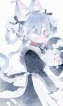  1girl animal_ears apron black_dress blue_hair bow braid braided_hair_rings cat_ears cat_tail cowboy_shot dress flower-shaped_pupils frilled_apron frills hair_bow hair_ribbon hair_rings highres lace-trimmed_eyepatch long_sleeves maid memuro one_eye_covered original pink_eyes ribbon solo stuffed_animal stuffed_toy symbol-shaped_pupils tail white_apron 