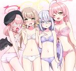  <|>_<|> 4girls absurdres ahoge angel_wings ass_visible_through_thighs azusa_(blue_archive) beret black_hat black_wings blue_archive blush bow bow_bra bow_on_wing bow_panties bra breasts brown_hair cleavage collarbone commentary_request crescent_halo crossed_bangs diagonal-striped_bra double-parted_bangs feathered_wings flower green_eyes groin hair_flower hair_ornament halo hanako_(blue_archive) hand_on_own_chest hat head_wings hifumi_(blue_archive) highres koharu_(blue_archive) lace-trimmed_bra lace-trimmed_panties lace_trim large_breasts long_hair long_sidelocks looking_at_viewer looking_back low_wings make-up_work_club_(blue_archive) medium_breasts multiple_girls navel open_mouth orange-bird panties pink_background pink_bra pink_hair pink_halo pink_panties purple_bra purple_eyes purple_flower purple_panties red_halo ribbon sidelocks slit_pupils small_breasts striped_clothes striped_panties sweat twintails underwear underwear_only vertical-striped_clothes vertical-striped_panties very_long_hair white_bra white_hair white_panties white_wings wing_ornament winged_halo wings yellow_eyes yellow_halo yellow_ribbon 