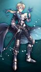  1boy aqua_background armor armored_boots ascot bird bird_on_hand black_pants black_ribbon blonde_hair blue_bird boots cape floating_hair full_body game_asset gloves green_ribbon grimms_notes hair_over_one_eye hair_ribbon hand_up holding holding_sword holding_weapon long_hair low_ponytail male_focus nanokak neck_ribbon non-web_source official_art pants ponytail puffy_sleeves ribbon romeo_(grimms_notes) romeo_(original)_(grimms_notes) sheath sheathed shouma_wo_tatsu_shinken_(grimms_notes) solo sword tuxedo weapon white_gloves 