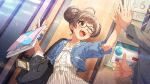  1boy 1girl :d ;d ahoge bag bespectacled black_bag blue_shirt blush braid braided_base brown_eyes brown_hair bun_with_braided_base card_commentary commentary_request double_bun dress game_asset glasses hair_bun hakozaki_serika high_five holding holding_notebook idolmaster idolmaster_million_live! idolmaster_million_live!_theater_days looking_at_another notebook official_alternate_hairstyle official_art one_eye_closed open_mouth out_of_frame pinstripe_dress pinstripe_pattern producer_(idolmaster) shirt short_hair shoulder_bag smile standing third-party_source thumbs_up white_dress 