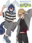  1boy 1girl ahoge animal-themed_eyewear animal_hood aqua_eyes arm_at_side arm_support arm_up artist_name artist_self-insert bad_source bare_arms black-framed_eyewear black_eyes black_pants black_shirt black_sweater blonde_hair blood blood_on_clothes blood_on_face blue_hair blue_shoes blue_tail chinese_text closed_mouth commentary contrapposto cowboy_shot cross cutout_eyelashes cyril_(cyril_1214) cyril_1214 del_(goodfolk2) denim double-parted_bangs drawstring english_commentary expressionless flipped_hair frown full_body game_screenshot_inset glasses grey_jacket grey_pants hair_between_eyes heterochromia highres holding holding_knife hood hood_down hood_up hooded_jacket hooded_sweater iron_cross jacket jeans jewelry knees_up knife long_sleeves looking_at_viewer midriff_peek necklace open_clothes open_jacket original pants puffy_long_sleeves puffy_sleeves rabbit_hood scar screenshot_inset see-through_clothes see-through_hood self-harm self-harm_scar shirt shoelaces shoes short-sleeved_sweater short_hair short_sleeves simple_background single_empty_eye sitting smile standing star_(symbol) striped_clothes striped_sweater sweater tomodachi_life tomodachi_life:_living_the_dream translation_request tsurime turtleneck turtleneck_sweater two-tone_sweater white_background white_hood white_sweater wrist_cutting yokozuwari zipper 