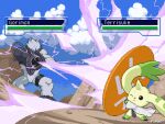  arm_cannon battle coat cyborg digimon digimon_(creature) digimon_world_3 firing gorilla gorimon health_bar highres holding holding_shield lab_coat pixel_art shield supermondobeat terriermon terriermon_joshu weapon white_coat 