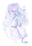  1girl bare_legs barefoot blush chinese_clothes closed_mouth expressionless flower flower-shaped_pupils frills full_body hair_flower hair_ornament hair_rings hanfu heterochromia highres memuro morning_glory original pastel_colors purple_eyes purple_hair ribbon solo symbol-shaped_pupils 