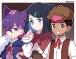  1boy 2girls absurdres alternate_costume black_hair blue_eyes blush bow bowtie bright_pupils brown_hat brown_vest collared_shirt commentary_request cowlick crossed_bangs dot_(pokemon) hand_up hat highres liko_(pokemon) multiple_girls open_clothes open_mouth open_vest outline pokemon pokemon_(anime) pokemon_horizons purple_eyes purple_hair red_bow red_bowtie roy_(pokemon) shirt short_sleeves sidelocks smile swept_bangs toumei_4869 vest white_pupils white_shirt 