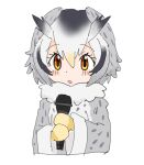  1girl :o blush_stickers commentary_request cropped_torso dot_nose gloves hair_between_eyes hands_up holding holding_microphone kemono_friends long_sleeves looking_at_viewer microphone nendo23 northern_white-faced_owl_(kemono_friends) parted_lips short_hair solo transparent_background upper_body yellow_gloves 