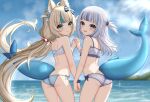  2girls :3 absurdres ahoge animal_ear_fluff animal_ears ass azunyart beach bikini blonde_hair blue_bikini blue_nails blue_sky blue_streaks blunt_bangs blush breasts cat_ears closed_mouth commentary cowboy_shot day dot_nose fang fins fish_girl fish_tail from_behind gawr_gura gawr_gura_(1st_costume) hair_ornament highres holding_hands hololive hololive_english indie_virtual_youtuber lifebuoy_hair_ornament long_hair looking_at_viewer looking_back low_twintails multicolored_hair multiple_girls notched_tail ocean open_mouth outdoors sameko_saba sameko_saba_(1st_costume) shark_girl shark_hair_ornament shark_tail sharp_teeth side-by-side side-tie_bikini_bottom single_hair_streak sky small_breasts standing streaked_hair striped_bikini striped_clothes swimsuit tail teeth thighs twintails very_long_hair virtual_youtuber voice_actor_connection white_bikini white_hair 