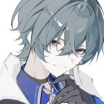  1boy armor black_choker blue_hair blue_shirt choker closed_mouth collared_shirt commentary double-parted_bangs genshin_impact hair_between_eyes hair_intakes highres jacket lohen_(genshin_impact) looking_at_viewer male_focus mole mole_under_eye pauldrons pink_eyes portrait shirt shoulder_armor simple_background single_pauldron smile solo v_uo0zzz white_background wing_collar 