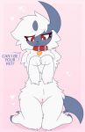 absol anthro bdsm blue_tail blush body_blush claws clitoris collar collar_only colored digital_drawing_(artwork) digital_media_(artwork) drawwhenhorny english_text eyebrow_through_hair eyebrows eyelashes female flat_colors fluffy fluffy_chest fur generation_3_pokemon genitals hair hi_res kneeling looking_down nintendo nude petplay pink_background pokemon pokemon_(species) pupils question red_collar red_eyes roleplay shy simple_background smile solo tail text translucent translucent_hair vulva vulva_blush white_body white_fur white_pupils 