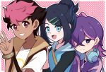  1boy 2girls :d absurdres antenna_hair black_hair black_shirt blue_eyes blue_vest blush bracelet bright_pupils brown_vest closed_mouth commentary_request crossed_bangs dot_(pokemon) grin hair_ornament hairclip hand_up headphones highres hood hooded_vest hoodie jacket jewelry light_blush liko_(pokemon) multiple_girls open_clothes open_mouth open_vest pink_background pokemon pokemon_(anime) pokemon_horizons purple_eyes purple_hair purple_jacket roy_(pokemon) shirt short_hair short_sleeves sidelocks smile strap swept_bangs t-shirt teeth toumei_4869 vest w white_pupils white_shirt 