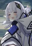  1girl :d blue_eyes blunt_bangs blush bright_pupils cevio diamond_(shape) diamond_hair_ornament half-closed_eyes highres hood hood_down hooded_jacket jacket kafu_(cevio) kamitsubaki_studio long_sleeves looking_at_viewer low_twintails minamochibame multicolored_eyes pointing pointing_up sidelocks sky smile twintails white_hair white_jacket white_pupils 