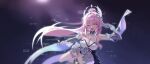  1girl absurdres aemeath_(wuthering_waves) bare_shoulders breasts cleavage commentary elbow_gloves gloves highres holding holding_microphone kkyungkki large_breasts leotard microphone one_eye_closed open_mouth orange_eyes pink_hair revision showgirl_skirt skirt smile solo tacet_mark_(wuthering_waves) untranslatable_commentary v white_gloves white_leotard white_skirt wuthering_waves 