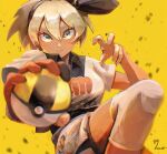 1girl bangs bea_(pokemon) black_hairband blonde_hair blush bow_hairband closed_mouth collared_shirt commentary_request dark_skin dark_skinned_female eyelashes gloves grey_eyes gym_leader hair_between_eyes hairband holding holding_poke_ball huck_8989 knee_pads looking_at_viewer partially_fingerless_gloves poke_ball pokemon pokemon_(game) pokemon_swsh print_shirt print_shorts shiny shiny_hair shirt short_hair short_sleeves shorts side_slit side_slit_shorts signature single_glove solo ultra_ball yellow_background 