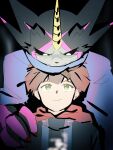  3:4 absurd_res anthro bandai_namco black_body black_sclera blue_cape blue_clothing brown_hair cape claws clothing digimon digimon_(species) digimon_ghost_game duo green_eyes gulusgammamon hair hand_on_shoulder hi_res hiro_amanokawa horn human jacket male mammal noire02_a size_difference topwear white_eyes 