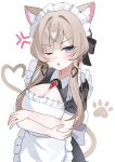  1girl absurdres alternate_costume anger_vein animal_ears apron arms_under_breasts black_dress blue_eyes blush breasts brown_hair cat_ears cat_tail cleavage commentary dress frilled_apron frilled_hairband frills genshin_impact hairband highres kemonomimi_mode large_breasts looking_at_viewer maid maid_headdress muki_c one_eye_closed parted_lips puffy_short_sleeves puffy_sleeves sandrone_(genshin_impact) short_hair_with_long_locks short_sleeves simple_background solo tail white_apron white_background white_hairband 