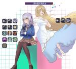 2girls arms_under_breasts blonde_hair blush closed_eyes crossed_arms dress floating_hair gameplay_ability gameplay_mechanics glasses green_eyes grey_hair hand_on_own_chest heaven_burns_red highres izumi_yuki kayamori_ruka kayamori_ruka_(luminous_songstress) long_hair multiple_girls musical_note open_mouth sweatdrop umibudou051450 white_dress 